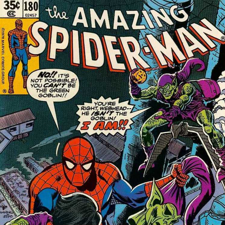 A portion of the cover of Marvel’s Amazing Spider-Man comic, issue number 180. It shows Spider-Man unmasking one Green Goblin while another Green Goblin attacks him from behind. Spider-Man says “No!! It’s not possible! You can’t be the Green Goblin!!” The second Goblin says “You’re right, Webhead — he isn’t the Goblin! I am!!”