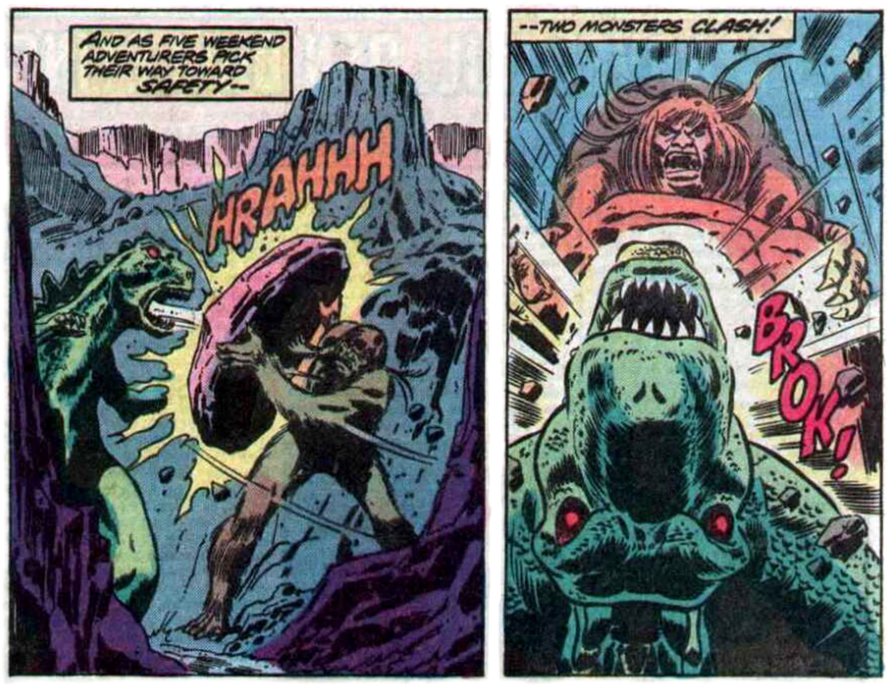 Two panels from this issue. In the first, Godzilla attacks Yetrigar with his fire breath. Yetrigar blocks the attack with a large rock. Narration reads “And as five weekend adventurers pick their way toward safety —” Sound effect is “Hrahhh.” In the second panel, Yetrigar hits Godzilla with the rock. Narration reads, “— two monsters clash!” Sound effect is “Brok!”