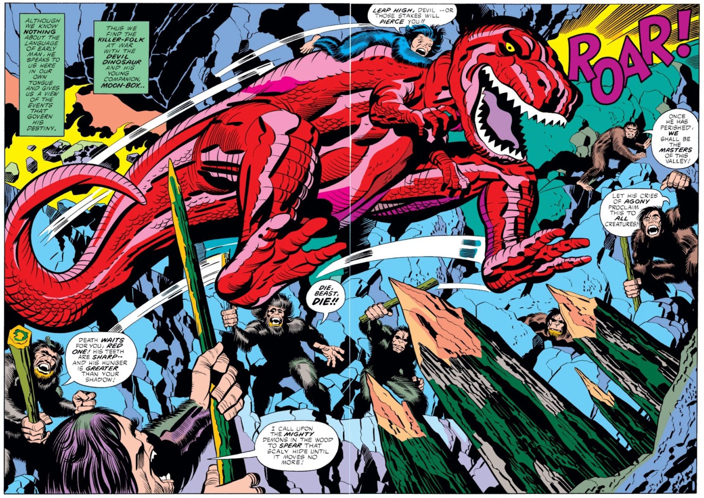 Double splash page with Devil Dinosaur and Moon-Boy fighting the Killer-Folk