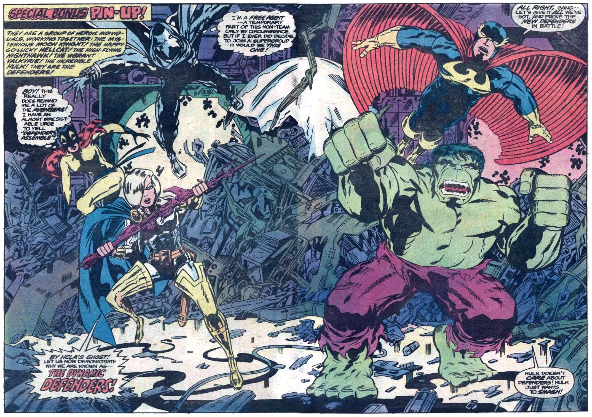 Two page pin-up spread featuring Hellcat, Valkyrie, Moon Knight, Nighthawk, and Hulk