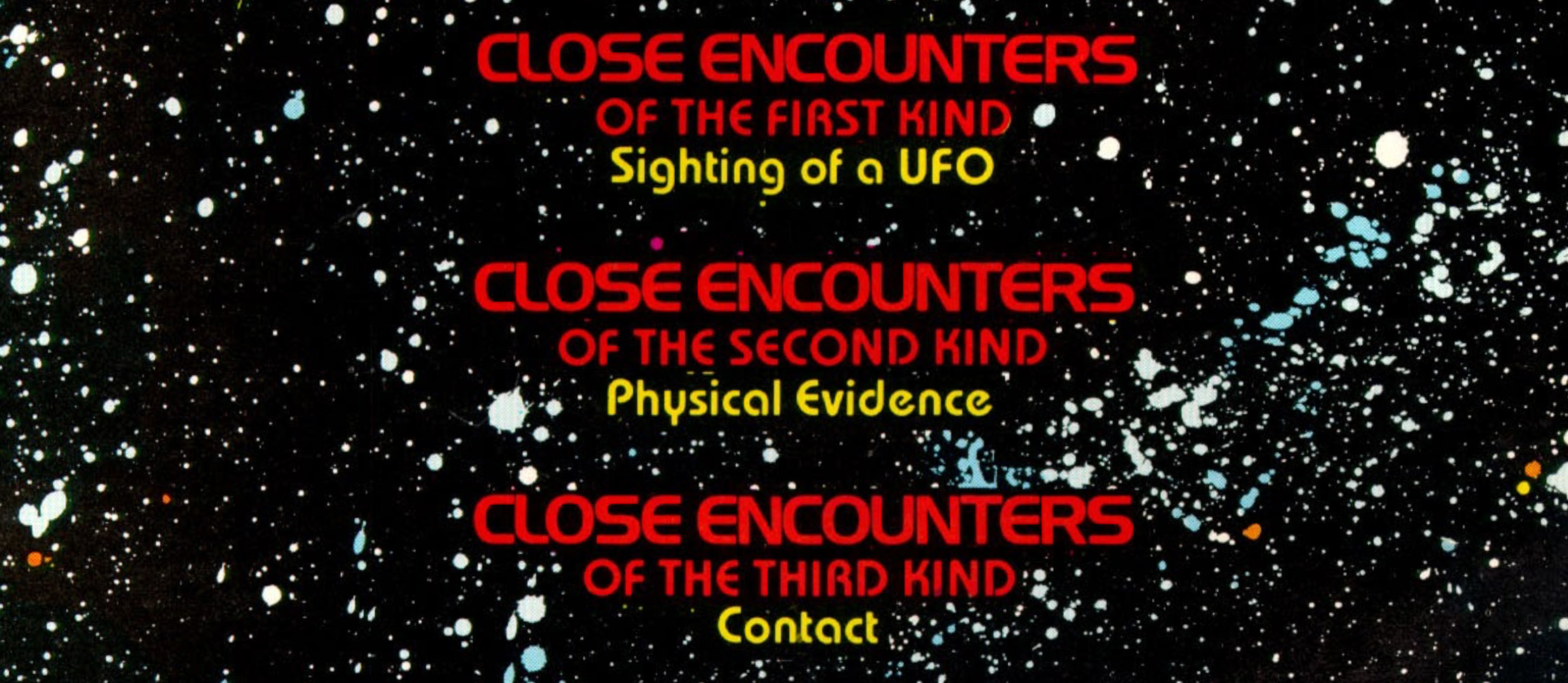 Part of a page explaining the different types of close encounters - first kind is sighting a UFO, second kind is physical evidence, third kind is contact