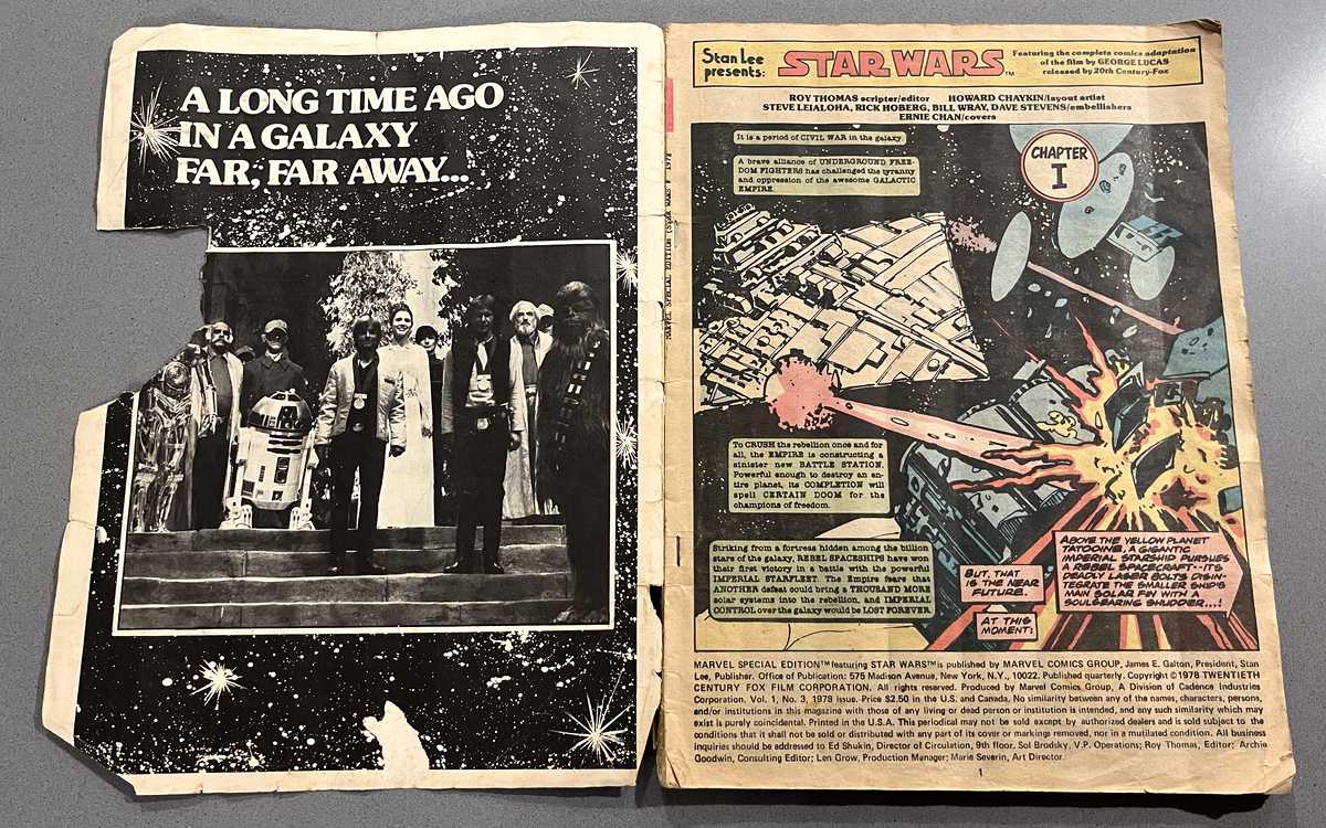 Photo of the inside front cover and page one of my copy of Marvel Special Edition Featuring Star Wars issue no. 3