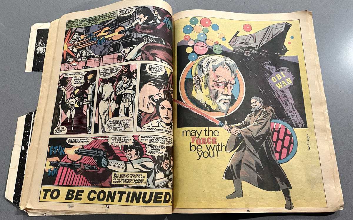 Photo of pages 54 and 55 of my copy of Marvel Special Edition Featuring Star Wars issue no. 3. Page 54 is the conclusion of a chapter. Page 55 is a pin up of Obi-Wan Kenobi.