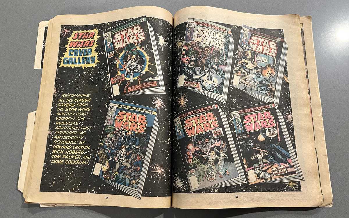 Photo of pages 56 and 57 of my copy of Marvel Special Edition Featuring Star Wars issue no. 3. These two pages feature a cover gallery of the first six issues of Marvel’s Star Wars comic book.