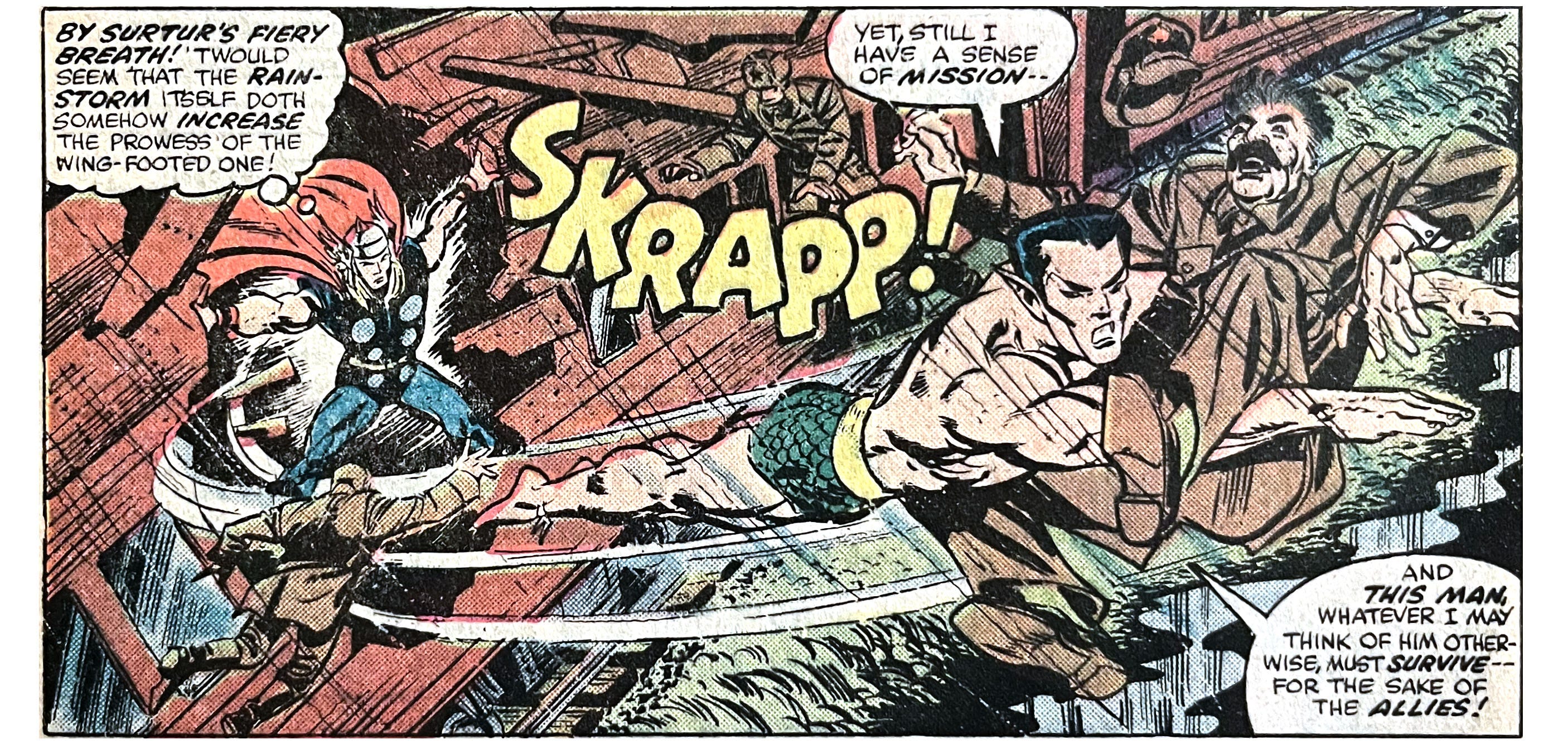 A panel from this issue showing Sub-Mariner bursting out of a train car while carrying Stalin, flying away from Thor. Sound effect is “skrapp!” Thor thinks, “By Surtur’s fiery breath! ’Twould seem that the rainstorm itself doth somehow increase the prowess of the wing-footed one!” Sub-Mariner says, “Yet, still I have a sense of mission — and this man, whatever I may think of him otherwise, must survive — for the sake of the Allies!”