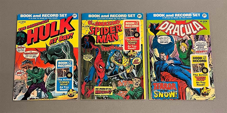 Hulk, Spider-Man, and Dracula book-and-record sets