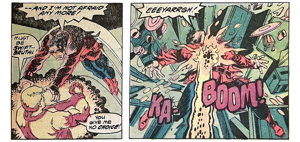 Two panels from this issue. The first shows Wonder Man attacking Michael. Wonder Man says, “— and I’m not afraid any more!” Michael says, “Must be swift — brutal. You give me no choice!” The second panel shows Wonder Man getting hit with an energy blast. Wonder Man says, “Eeeyarrgh!” Sound effect is “ka-boom!”